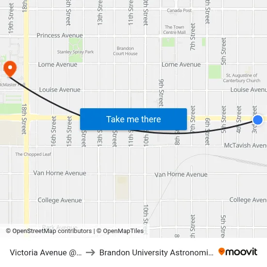 Victoria Avenue @ 3rd Street to Brandon University Astronomical Observatory map