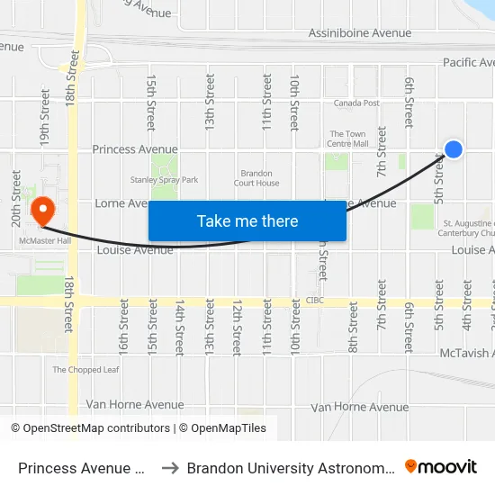 Princess Avenue @ 5th Street to Brandon University Astronomical Observatory map