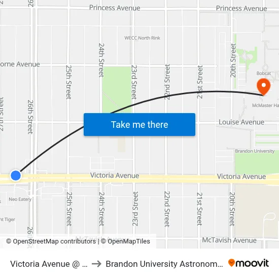 Victoria Avenue @ 26th Street to Brandon University Astronomical Observatory map