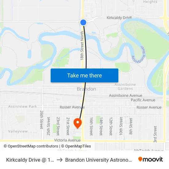 Kirkcaldy Drive @ 18th Street N to Brandon University Astronomical Observatory map