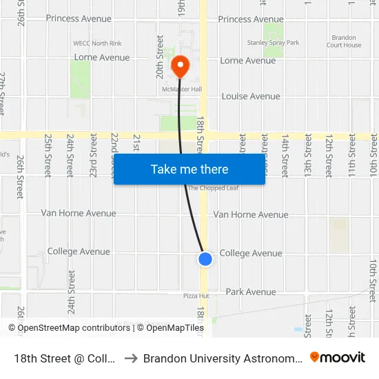 18th Street @ College Avenue to Brandon University Astronomical Observatory map