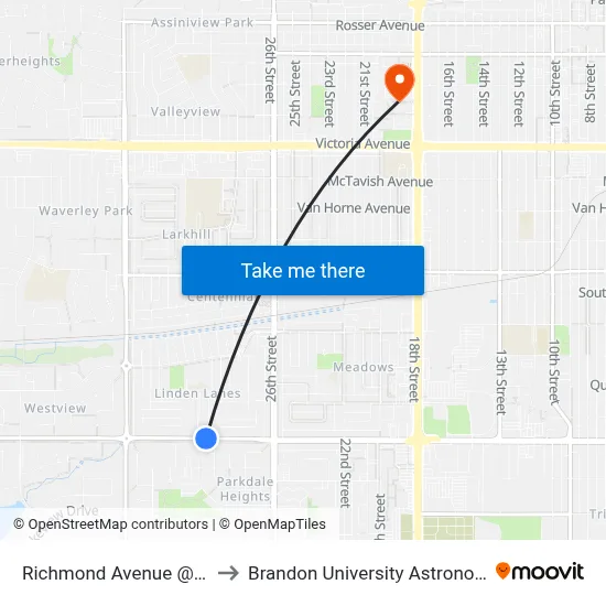 Richmond Avenue @ Parkdale Drive to Brandon University Astronomical Observatory map