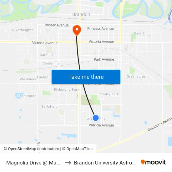 Magnolia Drive @ Maple Ridge Crescent to Brandon University Astronomical Observatory map