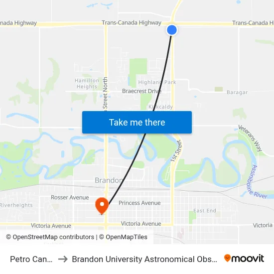 Petro Canada to Brandon University Astronomical Observatory map