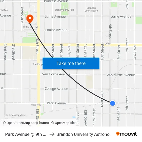 Park Avenue @ 9th Street (South) to Brandon University Astronomical Observatory map