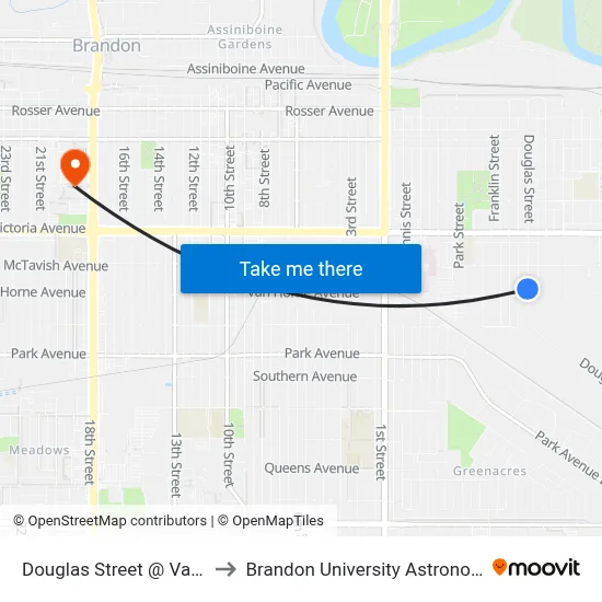 Douglas Street @ Vanhorne Avenue to Brandon University Astronomical Observatory map