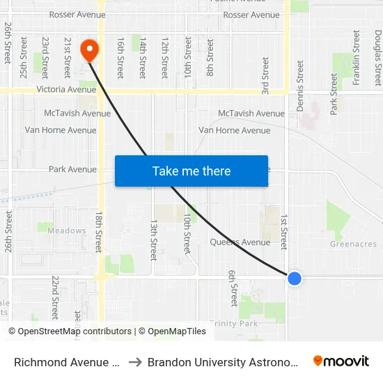 Richmond Avenue @ 1st Street to Brandon University Astronomical Observatory map