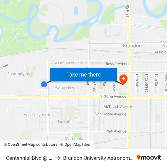 Centennial Blvd @ 34th Street to Brandon University Astronomical Observatory map