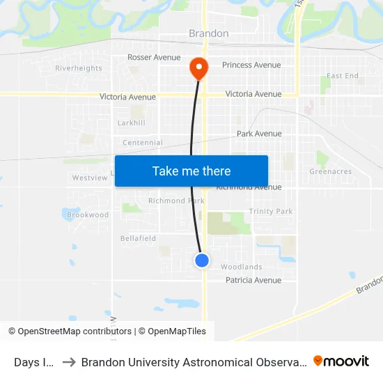 Days Inn to Brandon University Astronomical Observatory map
