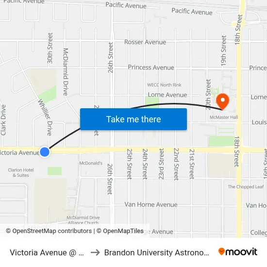Victoria Avenue @ Whillier Drive to Brandon University Astronomical Observatory map