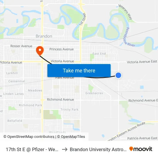 17th St E @ Pfizer - West Side Of 720 Block to Brandon University Astronomical Observatory map