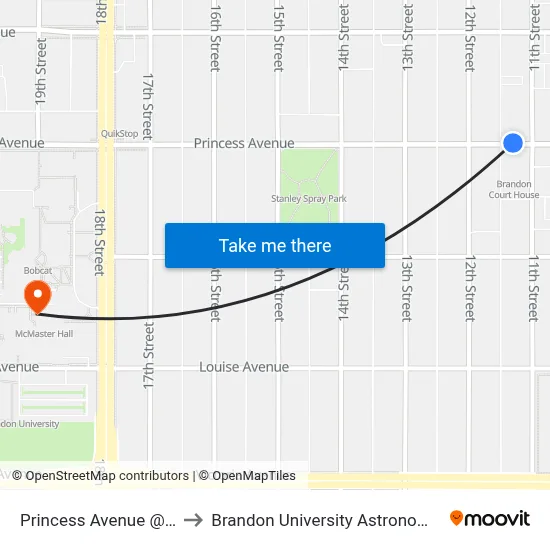 Princess Avenue @ 11th Street to Brandon University Astronomical Observatory map