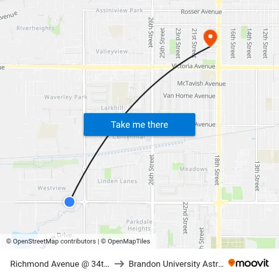 Richmond Avenue @ 34th Street (W 34th Nside) to Brandon University Astronomical Observatory map