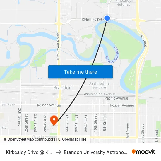 Kirkcaldy Drive @ Knowlton Drive to Brandon University Astronomical Observatory map