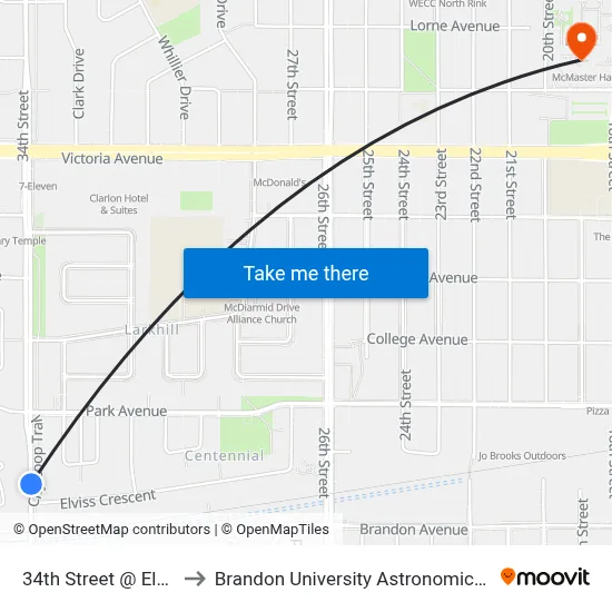 34th Street @ Elviss Cres to Brandon University Astronomical Observatory map
