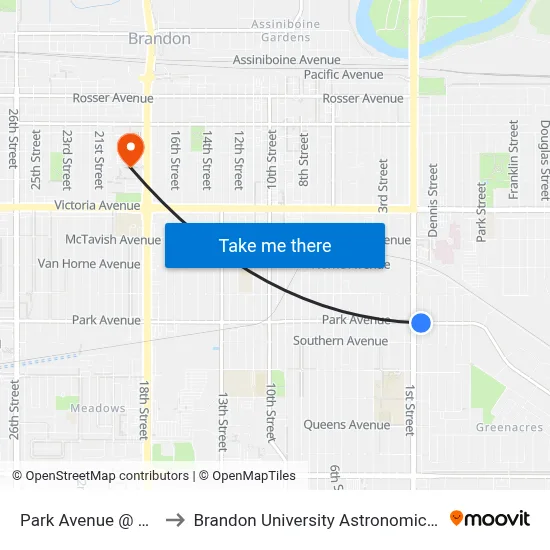 Park Avenue @ 1st Street to Brandon University Astronomical Observatory map