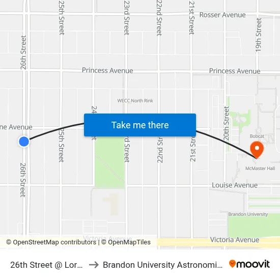 26th Street @ Lorne Avenue to Brandon University Astronomical Observatory map