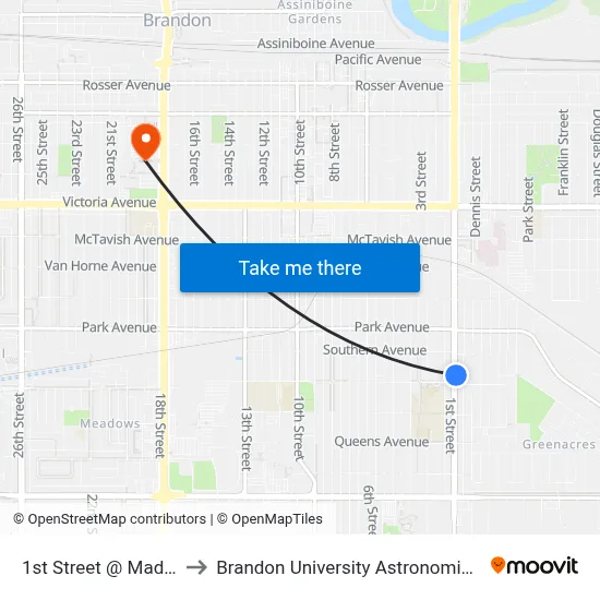 1st Street @ Madison Cres to Brandon University Astronomical Observatory map