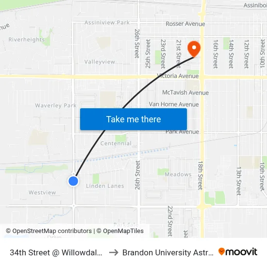 34th Street @ Willowdale - S.W. Of Traffic Circle to Brandon University Astronomical Observatory map