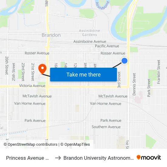 Princess Avenue @ 2nd Street to Brandon University Astronomical Observatory map