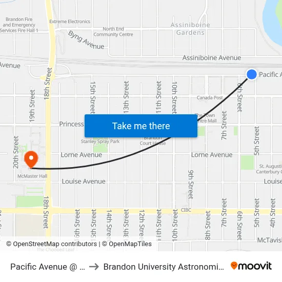 Pacific Avenue @ 5th Street to Brandon University Astronomical Observatory map