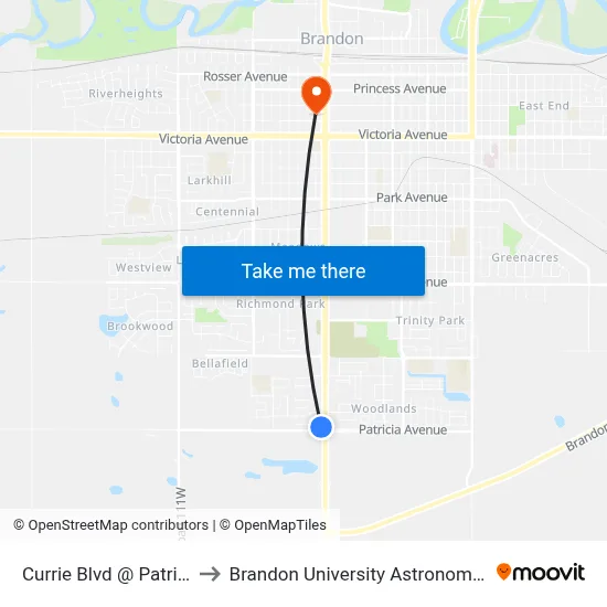 Currie Blvd @ Patricia Avenue to Brandon University Astronomical Observatory map