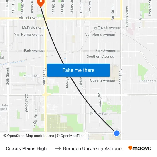 Crocus Plains High School - South to Brandon University Astronomical Observatory map
