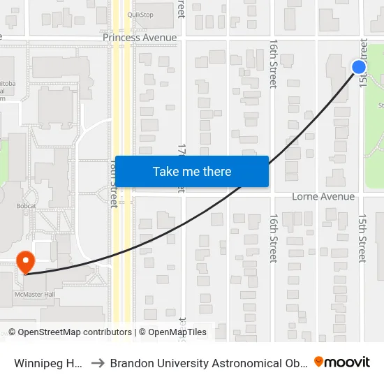 Winnipeg House to Brandon University Astronomical Observatory map