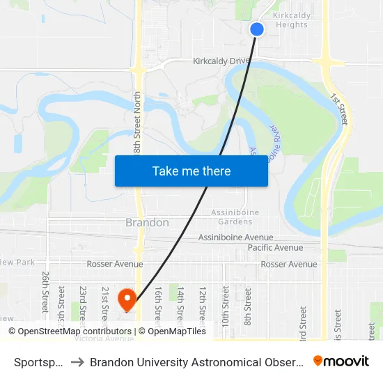 Sportsplex to Brandon University Astronomical Observatory map