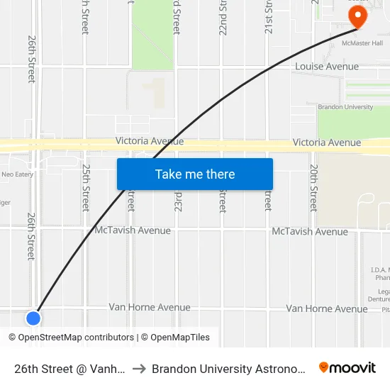 26th Street @ Vanhorne Avenue to Brandon University Astronomical Observatory map
