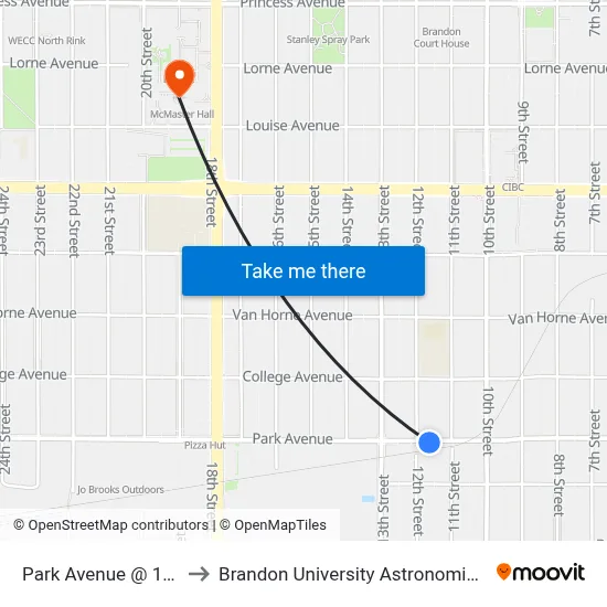 Park Avenue @ 12th Street to Brandon University Astronomical Observatory map