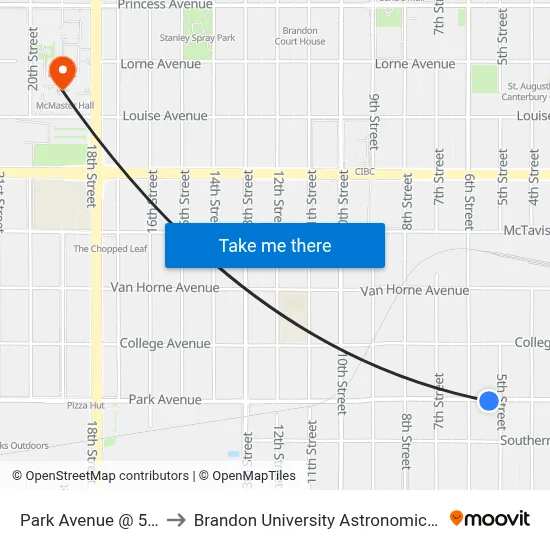 Park Avenue @ 5th Street to Brandon University Astronomical Observatory map