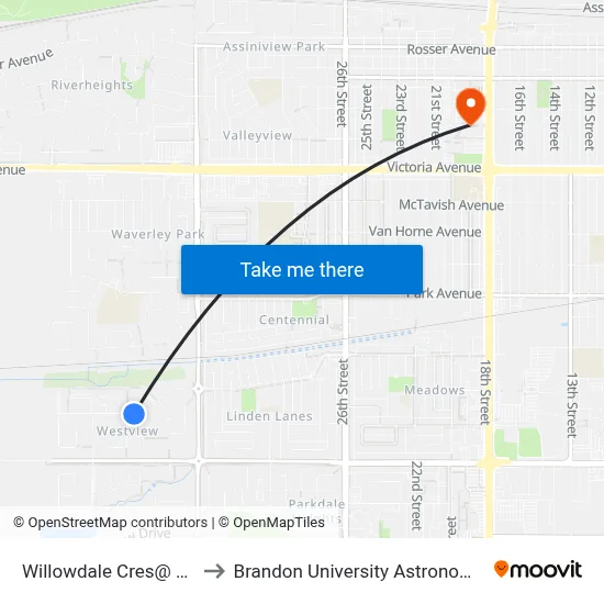 Willowdale Cres@ Wexford Bay to Brandon University Astronomical Observatory map