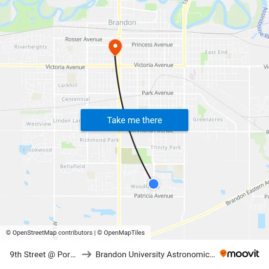 9th Street @ Portola Drive to Brandon University Astronomical Observatory map