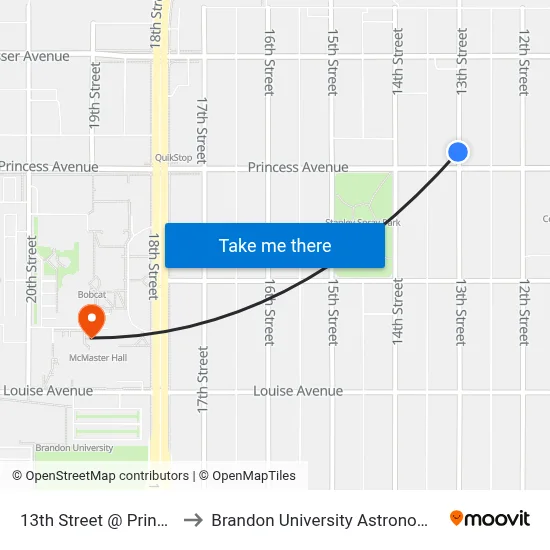 13th Street @ Princess Avenue to Brandon University Astronomical Observatory map