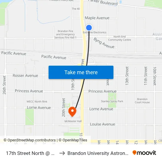 17th Street North @ Lady Of the Lake to Brandon University Astronomical Observatory map