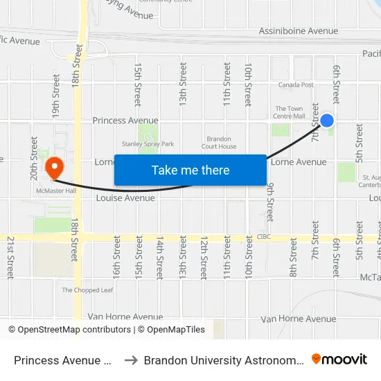 Princess Avenue @ 6th Street to Brandon University Astronomical Observatory map