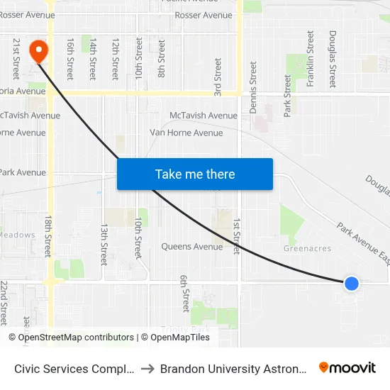 Civic Services Complex - South Side to Brandon University Astronomical Observatory map