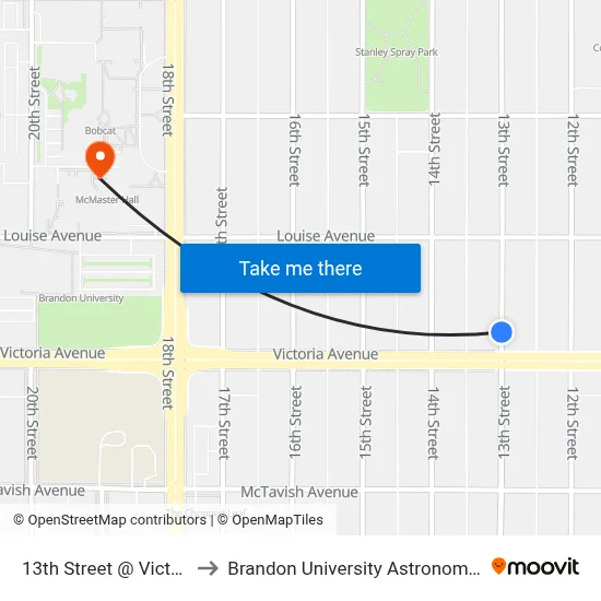 13th Street @ Victoria Avenue to Brandon University Astronomical Observatory map
