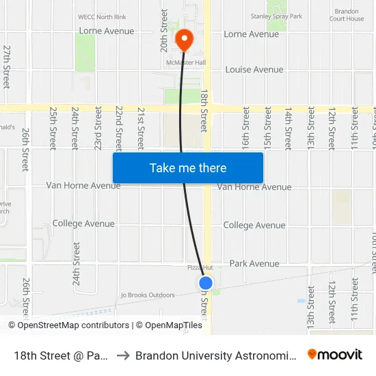 18th Street @ Park Avenue to Brandon University Astronomical Observatory map