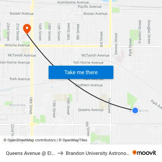 Queens Avenue @ Elderwood Drive to Brandon University Astronomical Observatory map