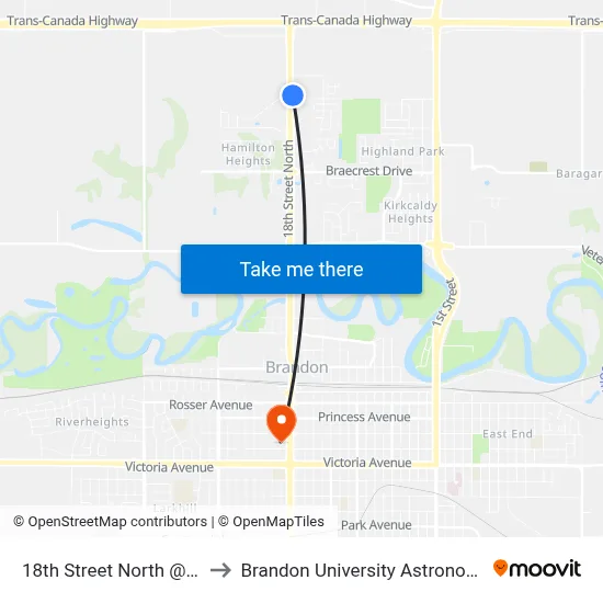 18th Street North @ Clare Avenue to Brandon University Astronomical Observatory map