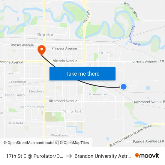17th St E @ Purolator/Douglas St (West Side) to Brandon University Astronomical Observatory map