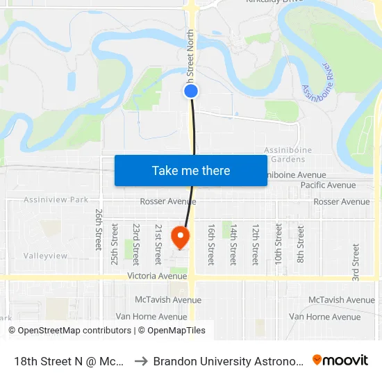 18th Street N @ Mcgregor Avenue to Brandon University Astronomical Observatory map