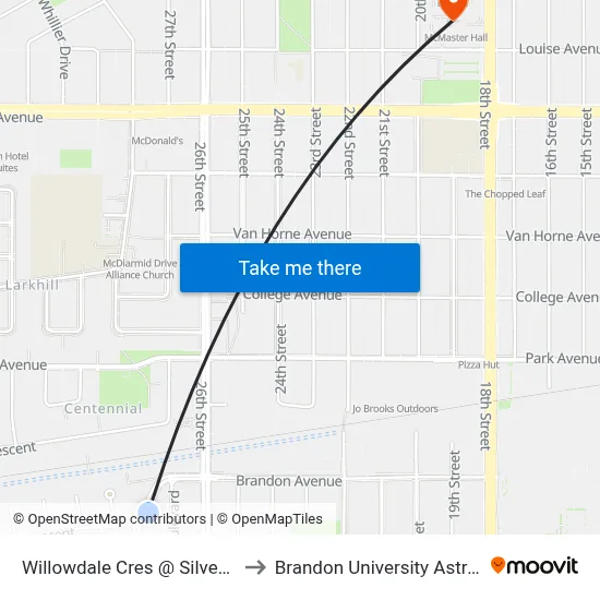 Willowdale Cres @ Silver Birch Dr (E Of S Birch) to Brandon University Astronomical Observatory map
