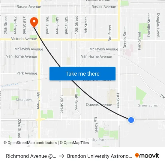 Richmond Avenue @ Russell Street to Brandon University Astronomical Observatory map