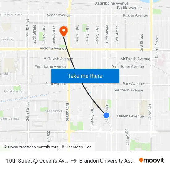 10th Street @ Queen's Avenue (East Side Of 10th) to Brandon University Astronomical Observatory map