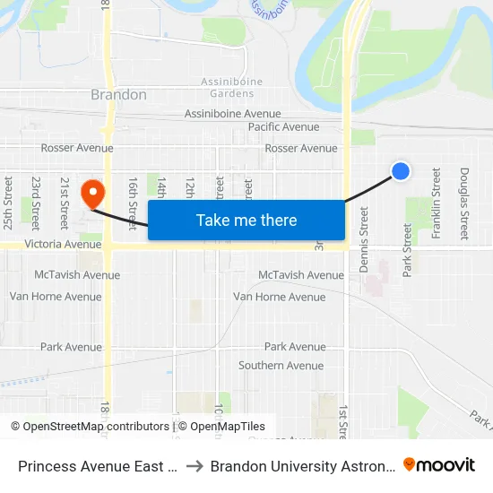 Princess Avenue East @ Fredrick Street to Brandon University Astronomical Observatory map