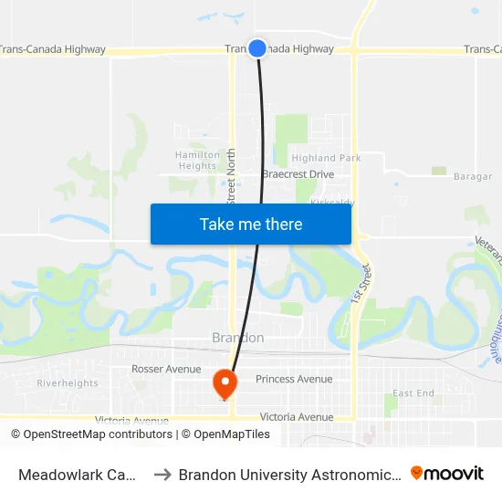 Meadowlark Campground to Brandon University Astronomical Observatory map