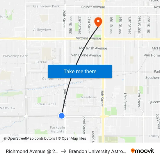 Richmond Avenue @ 26th Street (North) to Brandon University Astronomical Observatory map